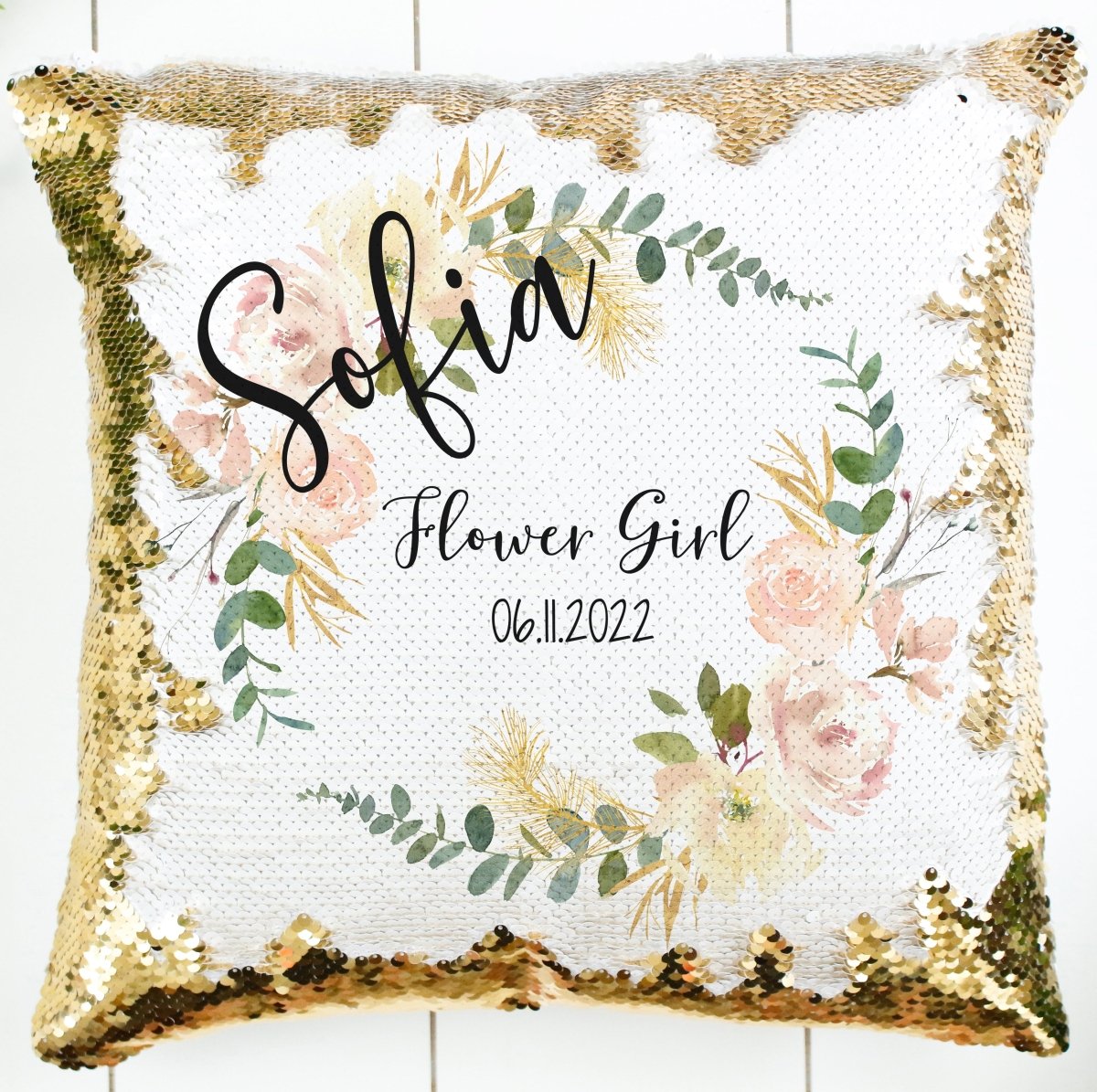 Personalized Flower Girl Pillow Wreath Cream Floral - Zookaboo