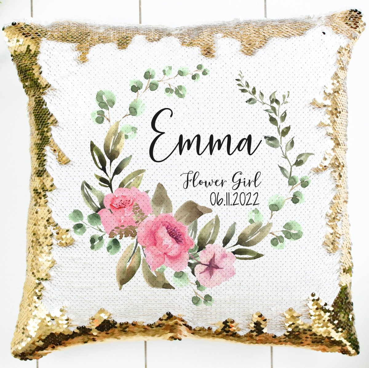 Personalized Flower Girl Pillow Wreath Pink Floral - Zookaboo