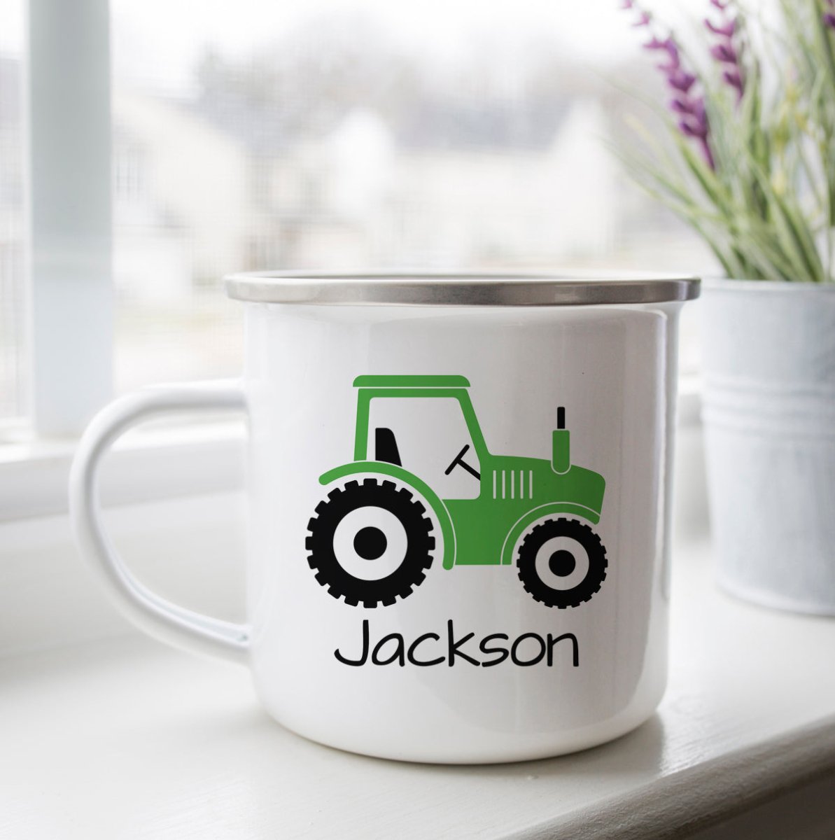 Personalized Green Tractor Camp Cup - Zookaboo