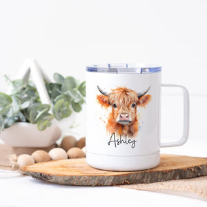 Personalized Highland Cow Face Stainless Steel Coffee Cup - Zookaboo