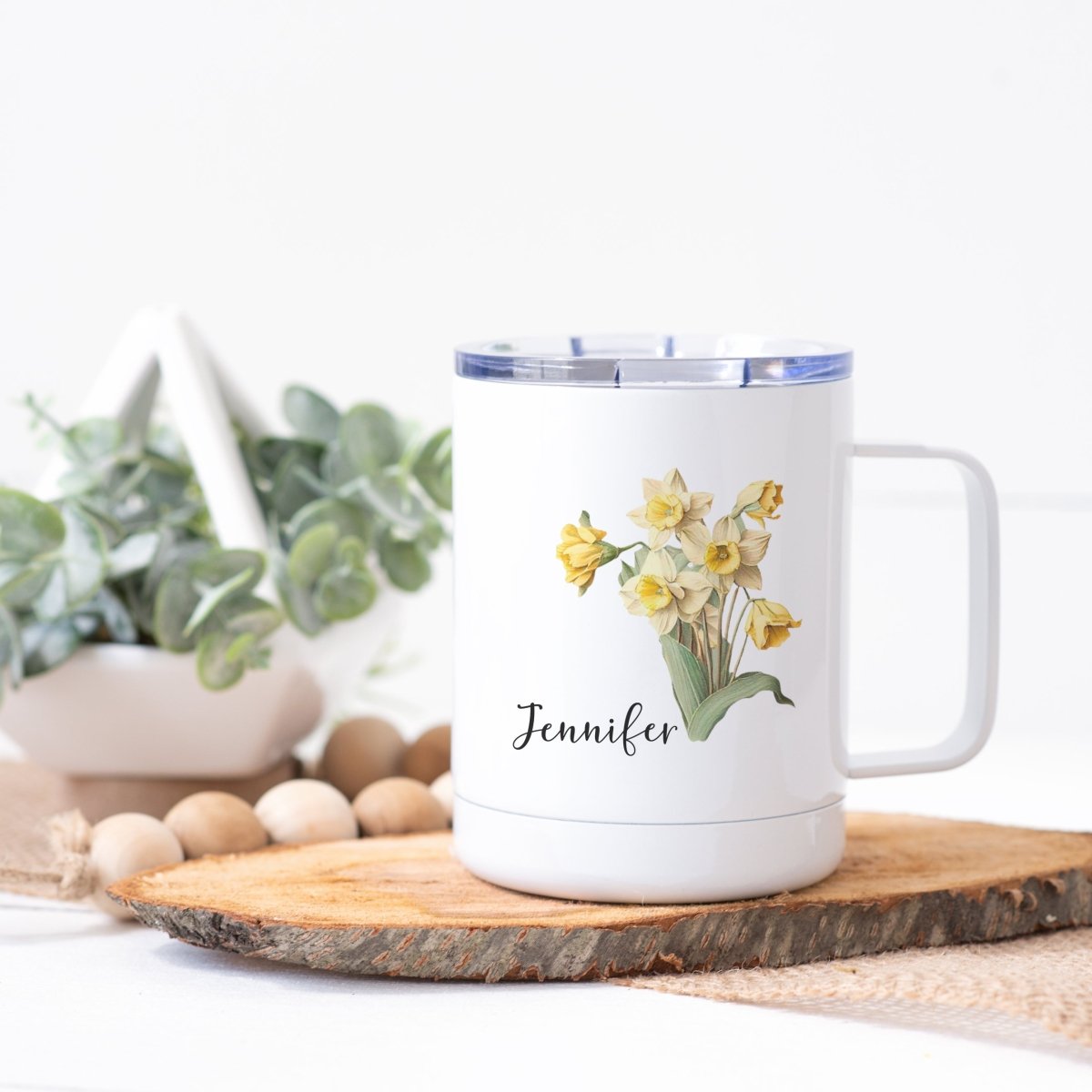 Personalized March Birth Month Flower Steel Coffee Cup - Zookaboo