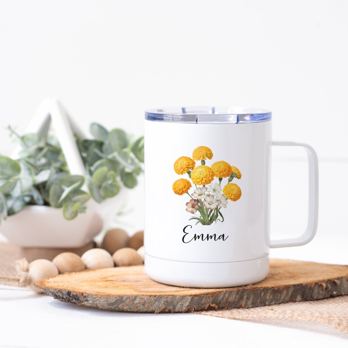 Personalized October Birth Month Flower Steel Coffee Cup - Zookaboo