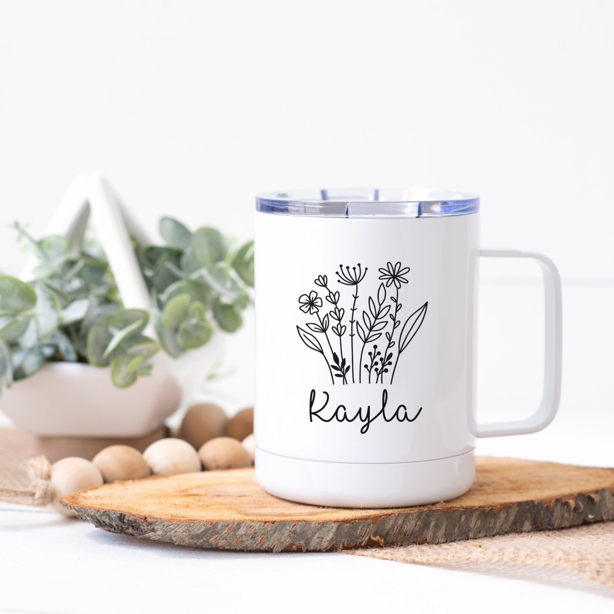 Personalized Outlined Wildflowers Steel Coffee Cup - Zookaboo