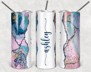Personalized Pink Blue Marble Skinny Tumbler - Zookaboo