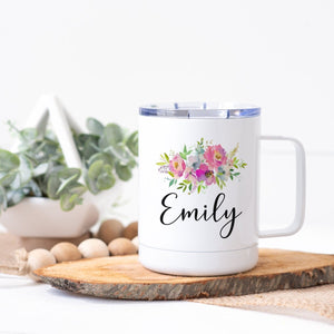Personalized Pink Floral Steel Coffee Cup - Zookaboo