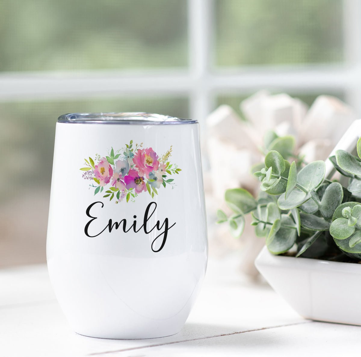 Personalized Pink Floral Wine Tumbler - Zookaboo