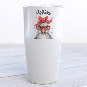 Personalized White Chicken with Red Glasses Travel Cup - Zookaboo